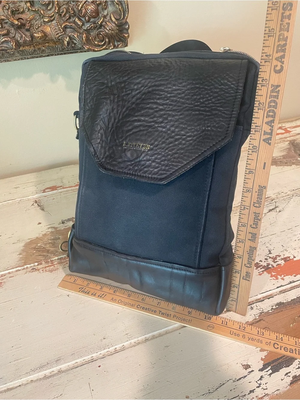 R. Riveter Navy and Black Canvas Leather-Trim Backpack